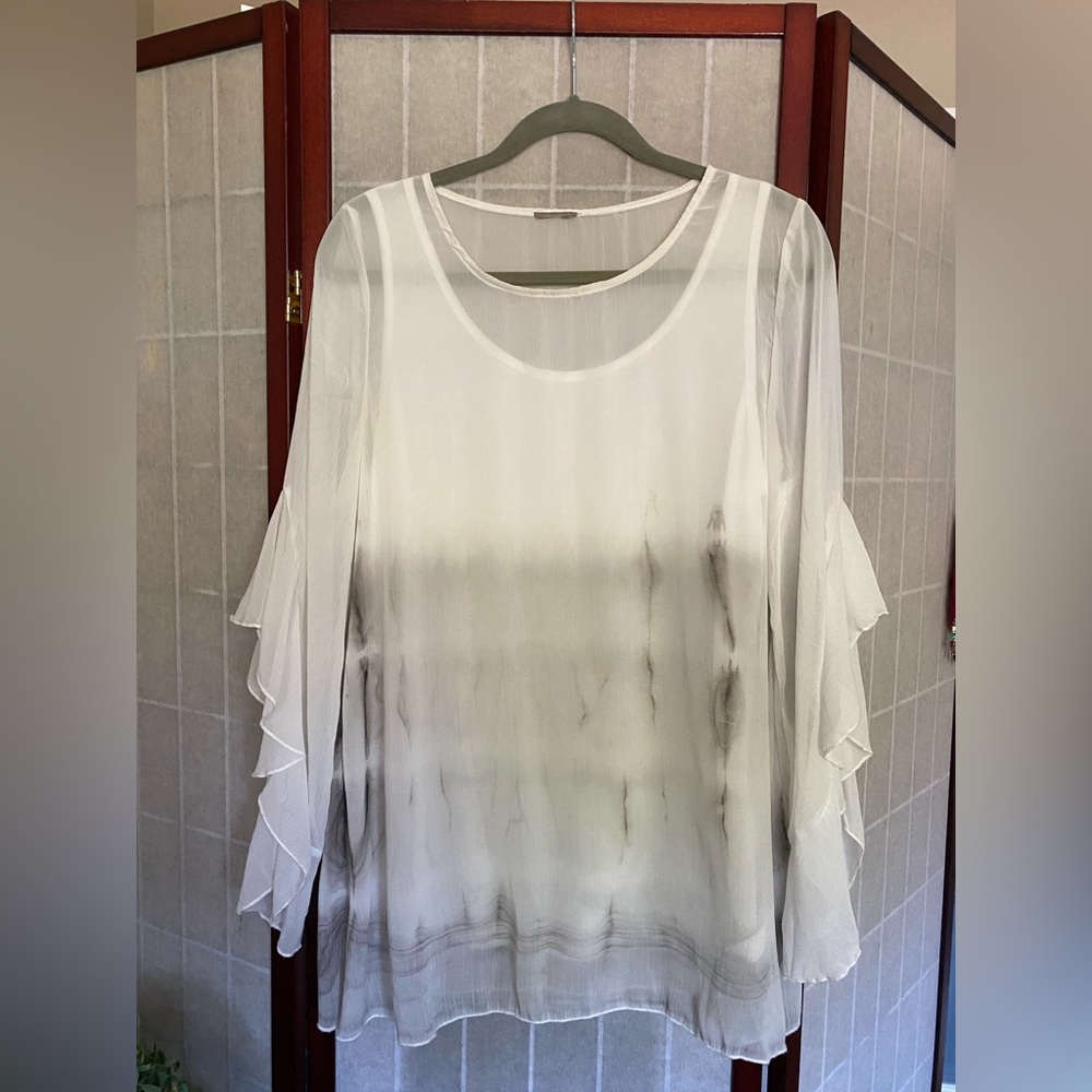 Elegant White and Grey Ruffled Long Sleeve Blouse